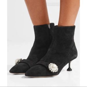 Miu Miu Crystal And Faux Pearl-embellished Suede Ankle Boots Black